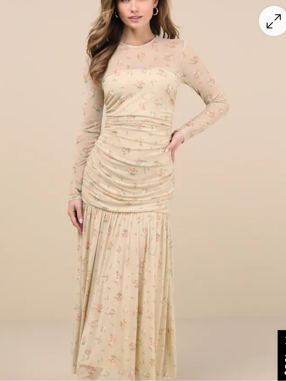 Lulu's Delight Beige Floral Drop Waist Maxi Dress